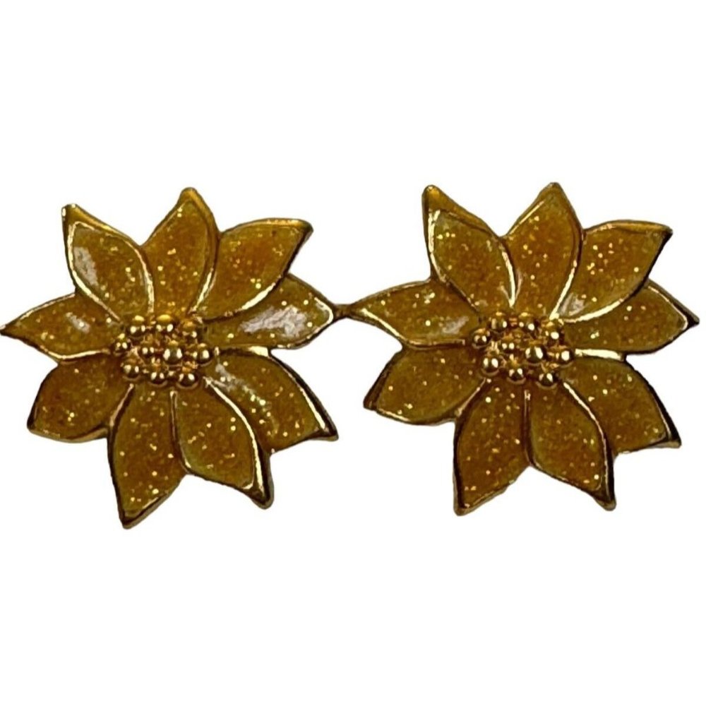 Christmas Gold-Tone Sparkle Poinsettia Flowers Earrings Post Butterfly Backs